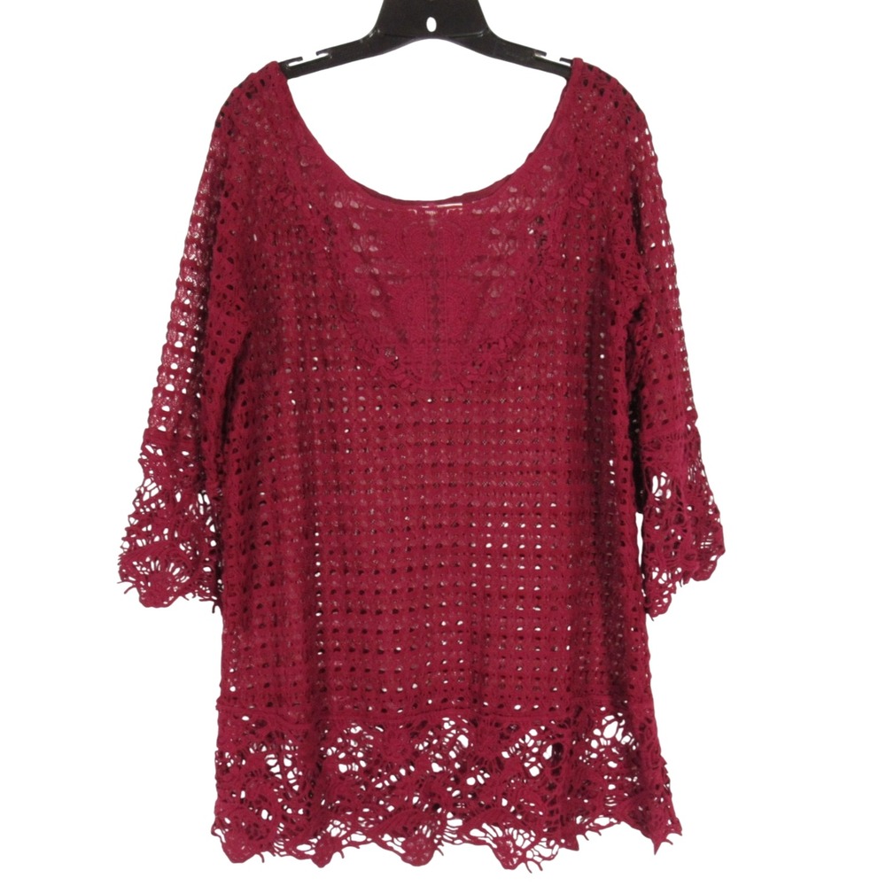 UMGEE Dark Red EYELET LACE Scalloped Hem 3/4 SLEEVES Blouse/Tunic Top Sz L